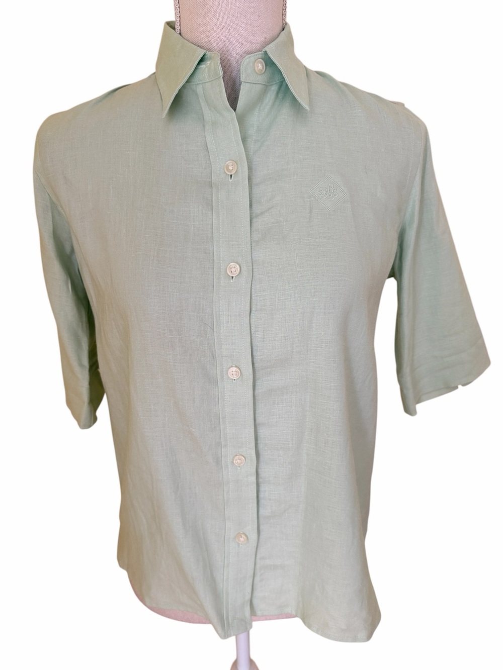 Lauren Ralph Lauren Vintage Mint Green Linen Short-Sleeve Button-Up Shirt PS
